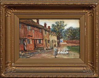 Continental School, "Girl Herding Geese," early 20th c., watercolor on paper, signed indistinctly lower right, presented in a gilt and gesso frame, H.