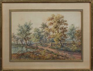 A. Faunay, "Pastoral Scene," late 19th/early 20th c., watercolor on paper, signed lower left, presented in a gilt frame, H.- 13 3/4 in., W.- 19 1/2 in