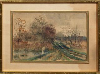 John Austin Sands Monks (1850-1917, American), "Countryside Road with Sheep," c. 1887, watercolor on paper, signed and dated lower left, presented in 