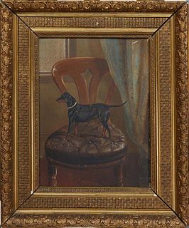 British School, "Portrait of a Miniature Pinscher on a Chair," 19th c., oil on canvas, signed indistinctly lower left, with a "Reeves & Sons, Manufact