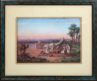 Paul B. Pascal (1832-1903, French/American), "Arabian Desert Scene," c. 1899, gouache and pastel on paper, signed and dated indistinctly lower right, 