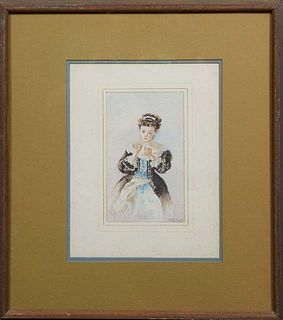 Raoul Billon (1882-1956, French), "Portrait of a Lady Threading a Needle," 20th c., watercolor on paper, signed lower right, presented in a wood frame