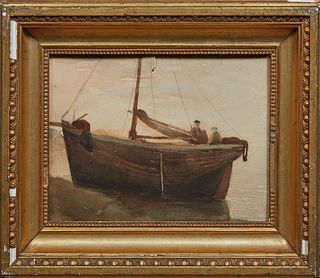 Continental School, "Fishing Boat on the Shore," 19th c., watercolor on paper, unsigned, presented in a gilt and gesso frame, H.- 6 7/8 in., W.- 9 7/8