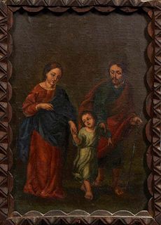 Continental School, "The Holy Family," 19th c., oil on canvas laid to wood panel, unsigned, presented in a carved wood frame, H.- 11 7/8 in., W.- 7 7/