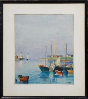 J.C. McKean, "Views from the Harbor," 1933, watercolor on paper, signed and dated lower right, presented in an ebonized frame, H.- 9 in., W.- 7 1/2 in