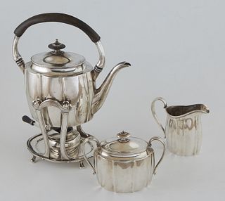 Four Piece Sterling Tea and Coffee Service, early 20th c., by Arthur Stone, Gardner, MA, consisting of a: teapot, a kettle on stand with burner, a cre