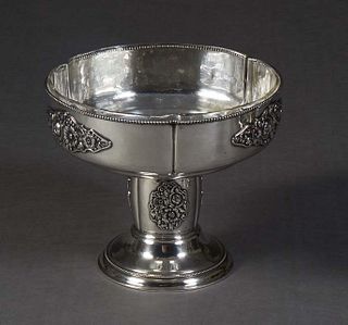 German .800 Silver Flower Bowl, by Julius Lemor, Breslau, with a beaded rim and relief floral decorated sides and columnar support, to a sloping stepp