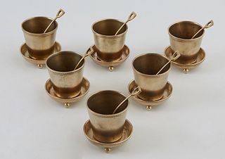 Whimsical Set of Six Cased Victorian Gilt Metal Salt Cellars, with a design registry date February 8, 1870, each in the form of a flowerpot and saucer