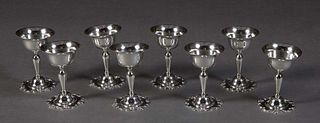 Set of Eight Sterling Cordial Stems, 20th c., with a tapered support to a circular relief bordered base, H.- 4 7/8 in. Dia.- 2 7/8 in., Wt.- 16.8 Troy