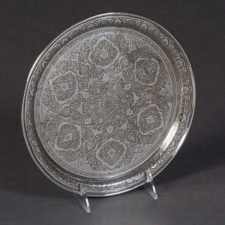 Fine Persian .875 Silver Engraved Tray, early 20th c., with intricate engraved designs, H.- 1/2 in., Dia.-9 1/2 in., Wt.- 12.95 Troy Oz. Provenance: P
