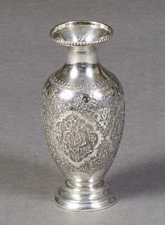Handmade Persian Iranian Silver Baluster Vase, 20th c., the everted gadrooned rim over sides with intricate floral decoration, on a socle support to a