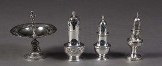 Four Pieces of Sterling, 20th c., consisting of a salt shaker, #22665, an English Sterling sugar shaker, a large Tiffany sugar shaker, #3173, with rep