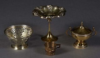 Four Pieces of Gilt Washed Sterling, consisting of an art nouveau compote, with an indecipherable maker's mark, #4135; a .900 silver Greek cup by Lalo
