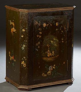 English Faux Bois Painted Hanging Cabinet, 19th c., the ogee edge pentagonal top over a floral painted door and sides, on a stepped plinth base, in bl
