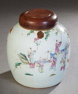Chinese Porcelain Baluster Ginger Jar, 19th c., with figural, landscape and bat decoration, with a later carved mahogany lid, H.- 9 in., Dia.- 8 1/2 i