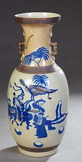Chinese Crackleware Handled Baluster Vase, 20th c., with blue figural decoration and Foo dog applied handles, H.- 20 in., Dia.- 9 in.