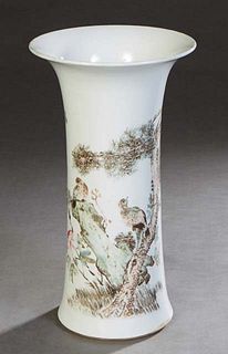 Oriental Porcelain Vase, 19th c., of trumpet form, with an everted rim over sloping sides, with hand painted bird and tree decoration, H.- 12 1/8 in.,