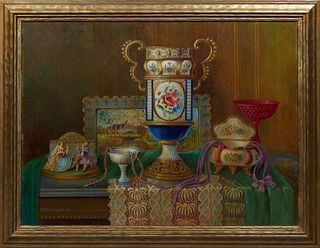 Anna Sattler-Seigerschmidt (1873-1962, Austrian), "Marble Top Dresser Still Life with Porcelain," 20th c., oil on canvas, signed lower left, presented