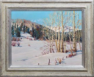 Alan Wolton (English), "Aspen Row," 1985, oil on canvas, signed and dated lower right, titled en verso, presented in a silver and wood frame, H.-23 3/