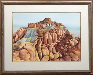 Lee Rommel (New Mexico/Maine), "Walpi Village," 20th/21st c., watercolor on paper, signed lower left, presented under plexi, matted with gilt filet in