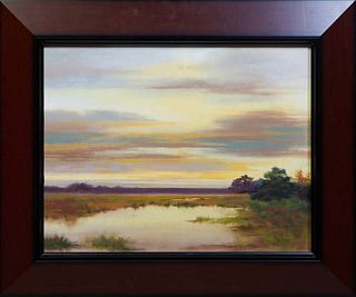 Gailen Lovett (Louisiana), "The Marsh at Twilight," 20th c., pastel on paper, signed lower right, with an artist card attached en verso, presented in 