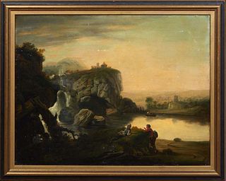 In the Style of Richard Wilson (1713-1782, British), "Classical Landscape with Figures," 19th c., oil on canvas, unsigned, presented in a gilt and ebo