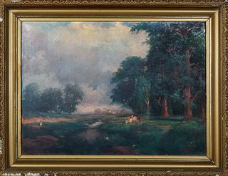 E.J. Birchall, "Cows in the Field," 19th c., oil on canvas, signed lower right, presented in a gilt frame, H.- 21 1/2 in., W.- 29 5/8 in., Framed H.- 