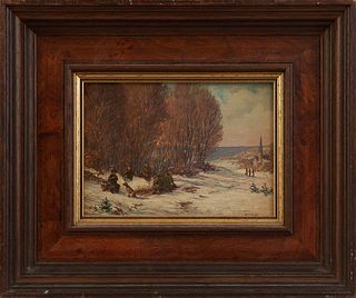 Peter Muhlbach (1957-, German), "Winter Scene," 20th c., oil on panel, signed lower right, presented in a wood frame, H.- 4 1/2 in., W.- 6 1/2 in., Fr