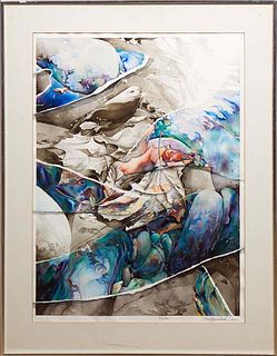 Thomas Brent Funderburk (1952-, Mississippi), "Riptide," 1981-1984, watercolor collage on paper, signed lower right, dated and titled bottom center, w