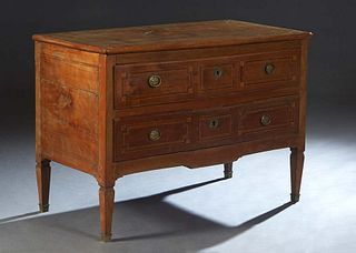 French Louis XVI Style Inlaid Walnut Commode, c. 1900, the ogee edge rounded corner top with a marquetry inlaid floral basket over two inlaid deep ser
