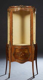 French Louis XV Style Ormolu Mounted Vernis Martin Style Vitrine, the stepped shell carved crest over a door with a curved glass upper panel over a lo