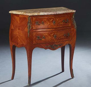 French Louis XV Style Ormolu Mounted Marble Top Bombe Commode, 20th c., the stepped bowed highly figured ocher marble over two deep bowed drawers, fla