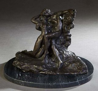 After Auguste Rodin (1840-1917, French), "Eternal Spring," patinated bronze figural group, with an incised signature proper left side, on an oval high