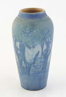 Newcomb Art Pottery Baluster Vase, 1921, by Sadie Irvine, matte finish, in the Moon and Moss pattern, thrown by Joseph Meyer, the underside inscribed 