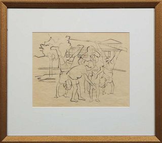 John McCrady (1911-1968, Louisiana/New York), "Children Playing," late 20th c., pencil on paper, with a "Downtown Gallery New Orleans" artist, title a