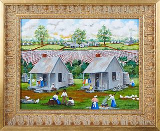Charlene Haik (Louisiana), "Sharecroppers' Cabins," 1995, acrylic on masonite, signed and dated lower right, presented in a gilt relief frame, H.- 7 3