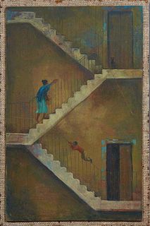 George Frederick Castleden (1861-1945, New Orleans/ England), "Climbing the Stairs in the Courtyard," 20th c., oil on board, signed lower left, now mo