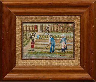 Rhoda Brady Stokes (1902-1988, Louisiana/Mississippi), "Planting the Garden," 1978, oil on board, signed and dated lower right, titled on bottom, pres