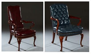 Two Queen Anne Style Carved Mahogany Armchairs, 20th c., one in blue tufted leather with iron tack decoration; the second in oxblood leather with iron