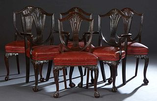 Set of Six (4 +2) Irish Carved Mahogany Dining Chairs, late 19th c, the Chippendale style arched shield back with a central pierced vertical splat, ab