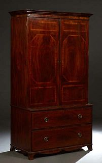 English Georgian Style Inlaid Mahogany Linen Press, 19th c., the stepped crown over double banded doors, setback on a base with two inlaid deep drawer