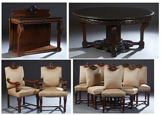 American Neo-Renaissance Oak Dining Suite, late 19th century, in the manner of R. J. Horner, consisting of a circular banquet table, with a carved ski
