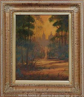 D.C. Niehaus (California), "View from the Park," 20th c., oil on canvas, initialed en verso with artist biography attached, presented in a gilt frame,