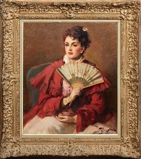 Fernand Toussaint (1873-1956, French/Belgian), "Portrait of a Lady with Fan," early 20th c., oil on canvas, signed lower right, presented in a polychr