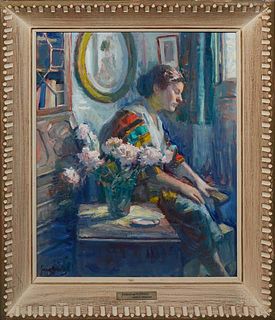 Antonio Garcia Morales (1910-, Spain), "Woman and Flowers (Interior)," early 20th c., oil on canvas, signed lower left, signed en verso, titled en ver