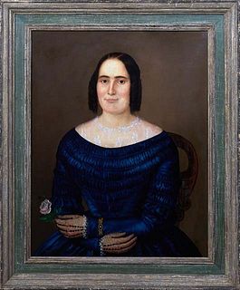 American School, "Portrait of a Lady in Blue with a Rose," 19th c., oil on canvas, unsigned, presented in a polychromed frame, H.- 29 in., W.- 22 5/8 