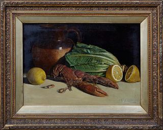 H. J. H. Marin (American), "Still Life with Lobster," 1896, oil on canvas, signed indistinctly and dated lower right, presented in a gilt frame, H.- 1