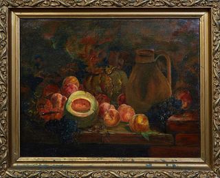 American School, "Still Life with Peaches," early 20th c., oil on canvas, unsigned, presented in a gilt frame, H.- 19 5/8 in., W.- 25 3/8 in., Framed 