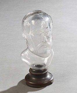 Bust of Robert E. Lee Clear Glass Figural Bitters Bottle, 19th c., presented in a turned wood circular holder, Bottle- H.- 6 7/8 in., W.- 3 1/2 in., D