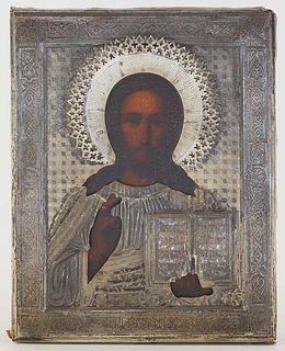 Russian Icon of Christ Pantocrator, the silver oklad with a maker's mark of "M.B.," and an assay mark of "AC," and 1895, H.- 8 5/8 in., W.- 7 in., D.-